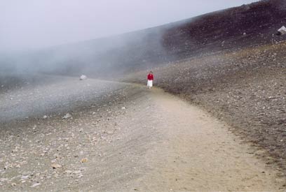 photograph of woman walking along a path